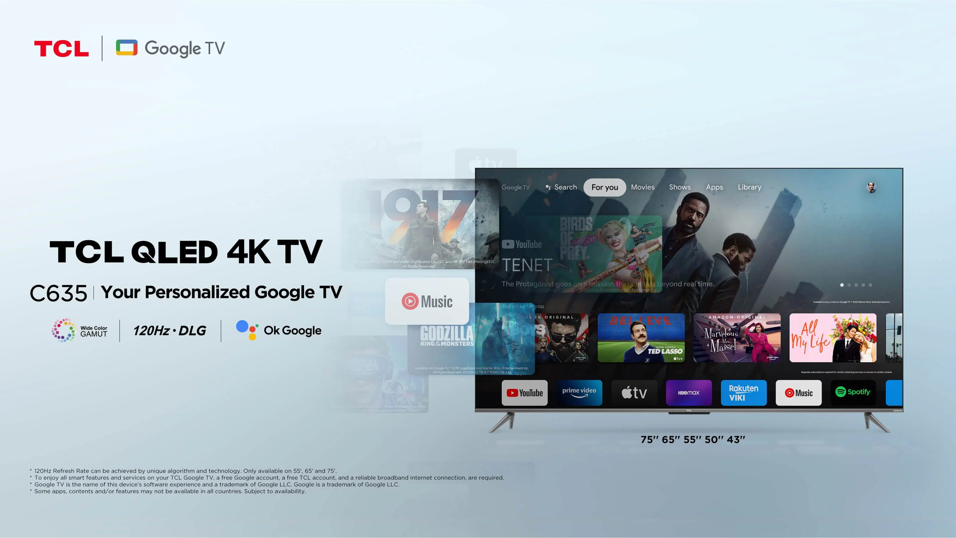 a high-quality image of the TCL C635 Smart 4K QLED Google TV. Showcase the TV's sleek design and slim profile, highlighting its bezel-less and metallic features.