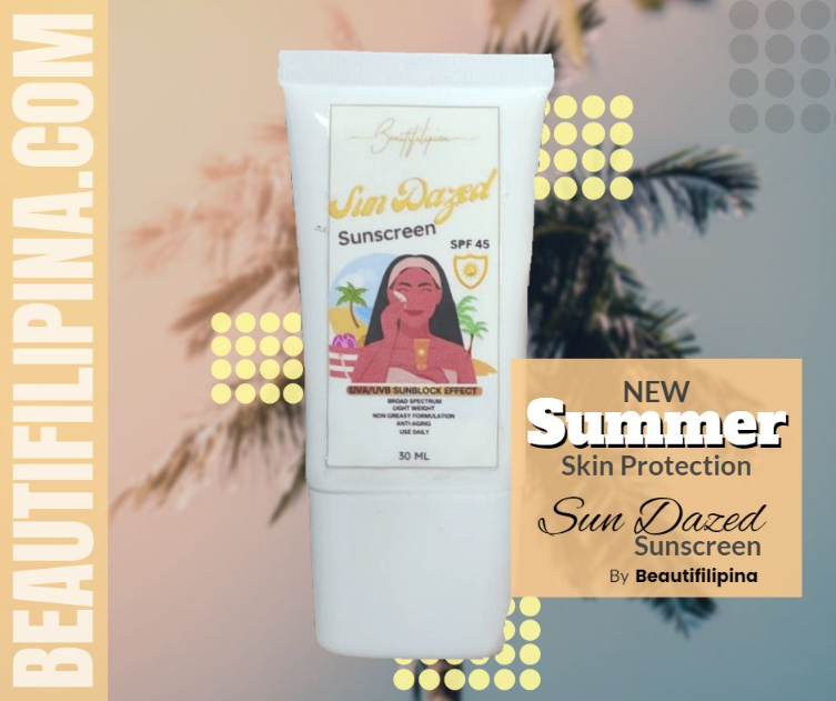 Beautifilipina SunDazed Sunscreen is SPF 45 and offers protection you can apply to your entire body. Available at beautifilipina.com is written along the left side.