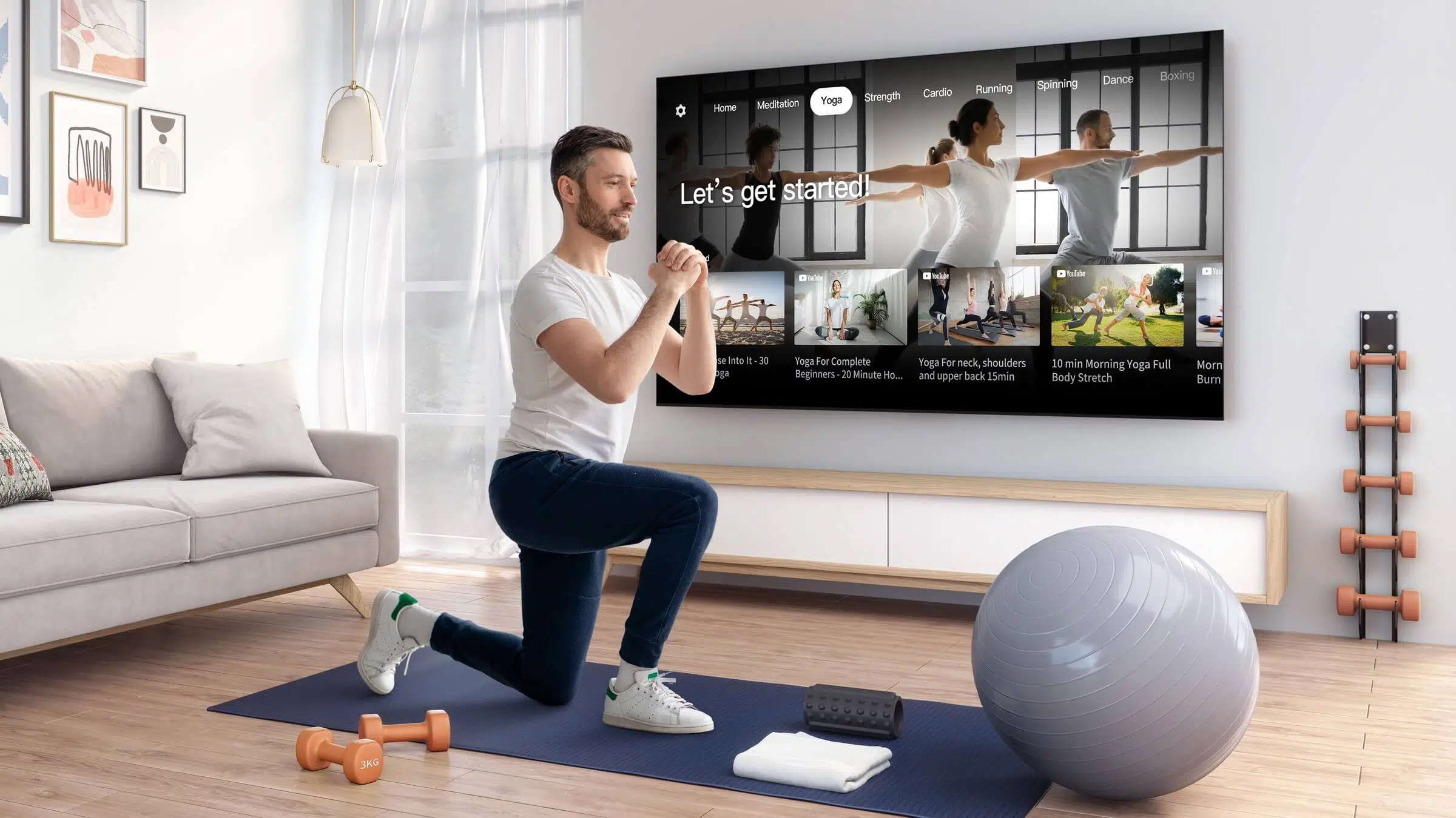 an image representing fitness apps and workout classes. Show a person exercising in front of the TV, with a fitness app interface visible on the screen.