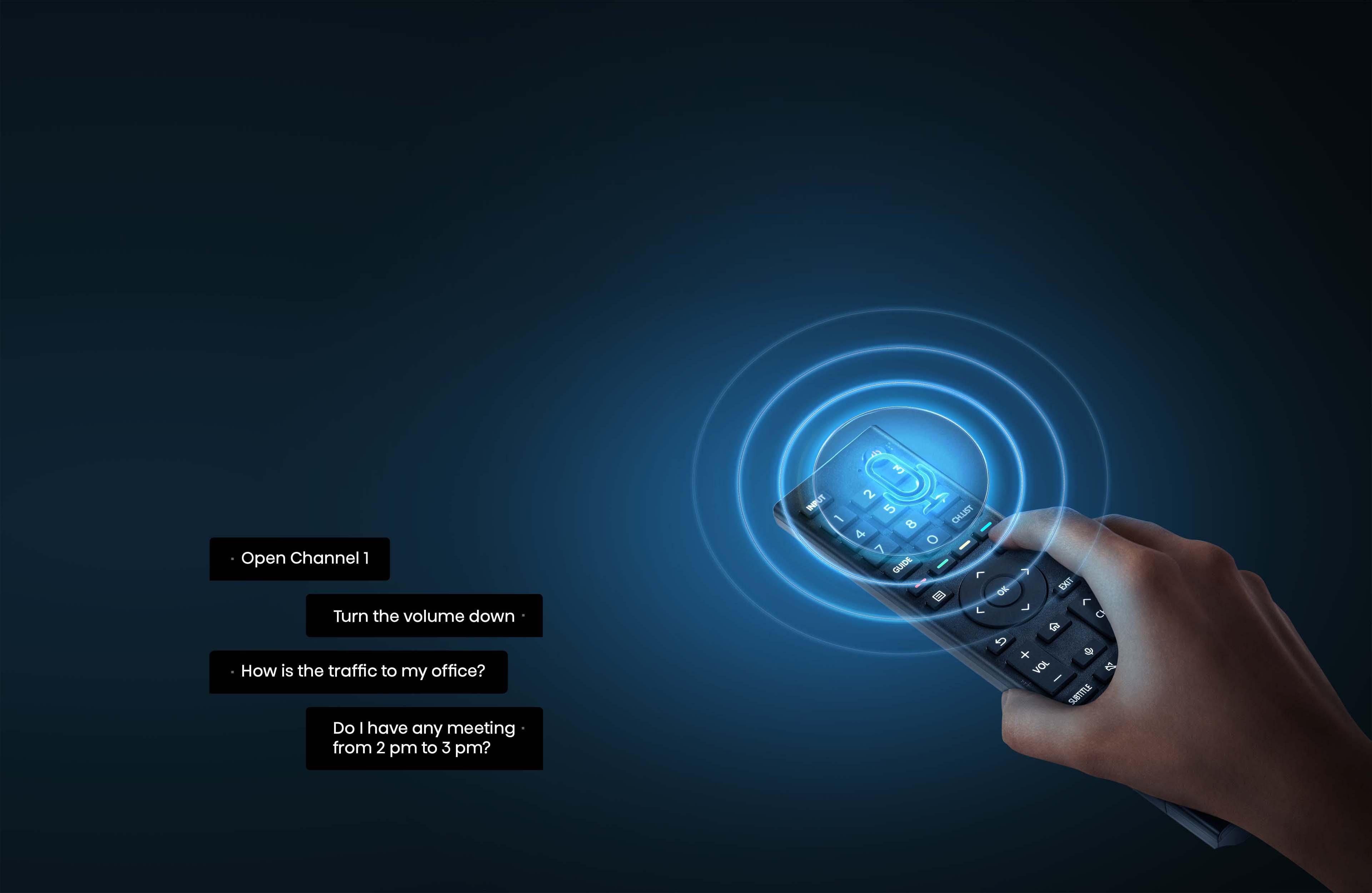 An image showcasing the Hisense A7H TV remote, emphasizing the voice control feature. The person presses the microphone button on the remote while speaking a command, demonstrating the ease of use and quick response from the TV.