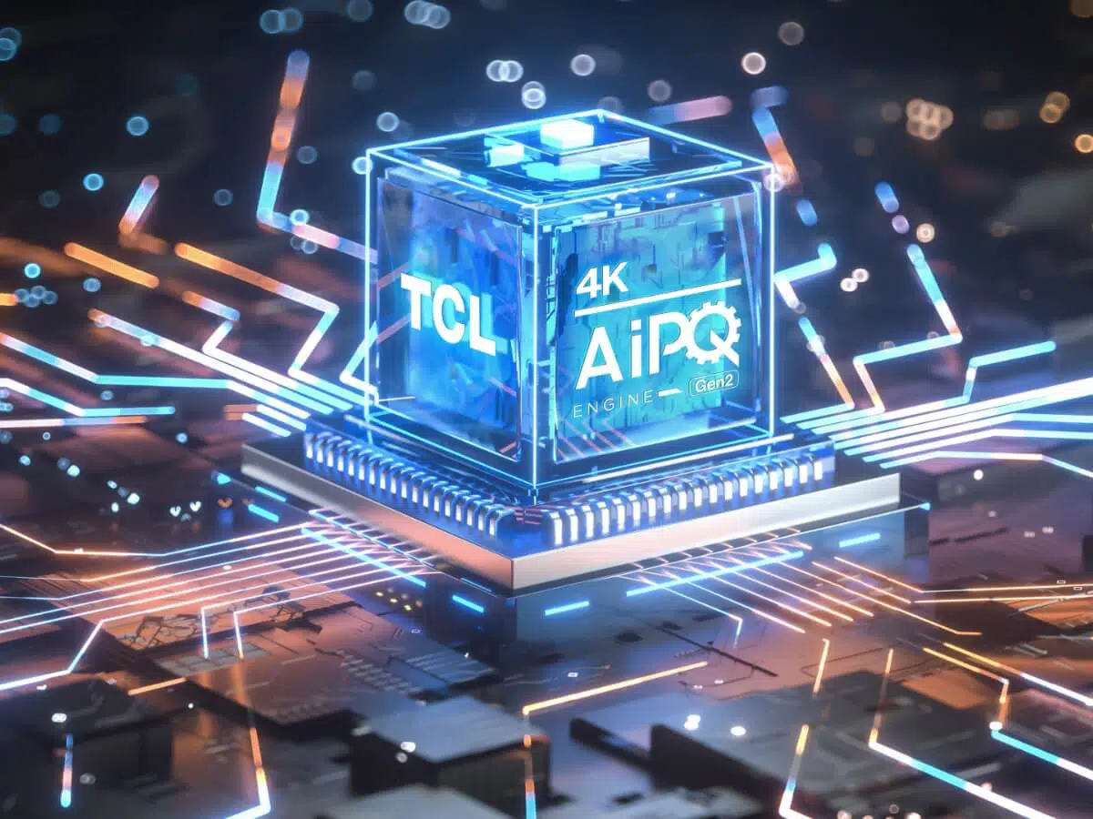 an image showcasing the TCL AIPQ 2.0 Processor. Represent real-time content optimization, displaying a comparison between an optimized image and a non-optimized image to highlight the improved picture quality.