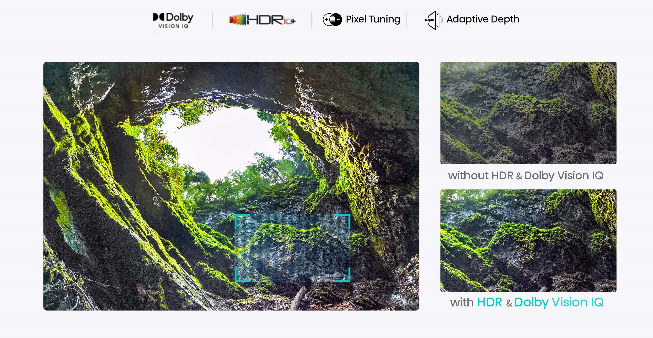 an image illustrating the dynamic viewing experience offered by Dolby Vision IQ, HDR 10+, Pixel Tuning, and Adaptive Depth technologies of the Hisense A7H TV.