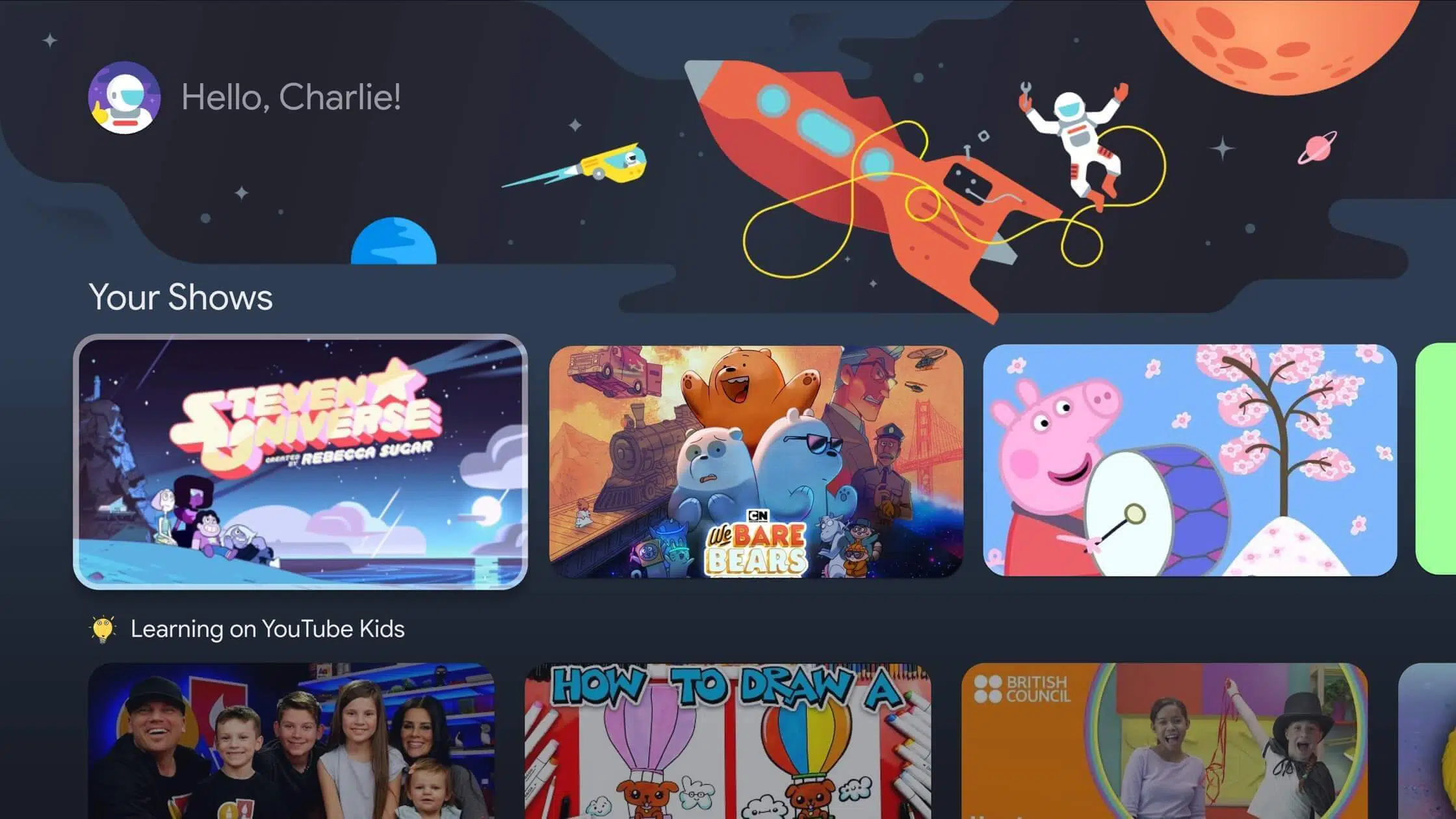 An image representing the Kids Space feature on the TCL C735 Smart TV, featuring a child-friendly interface and appropriate content for kids.