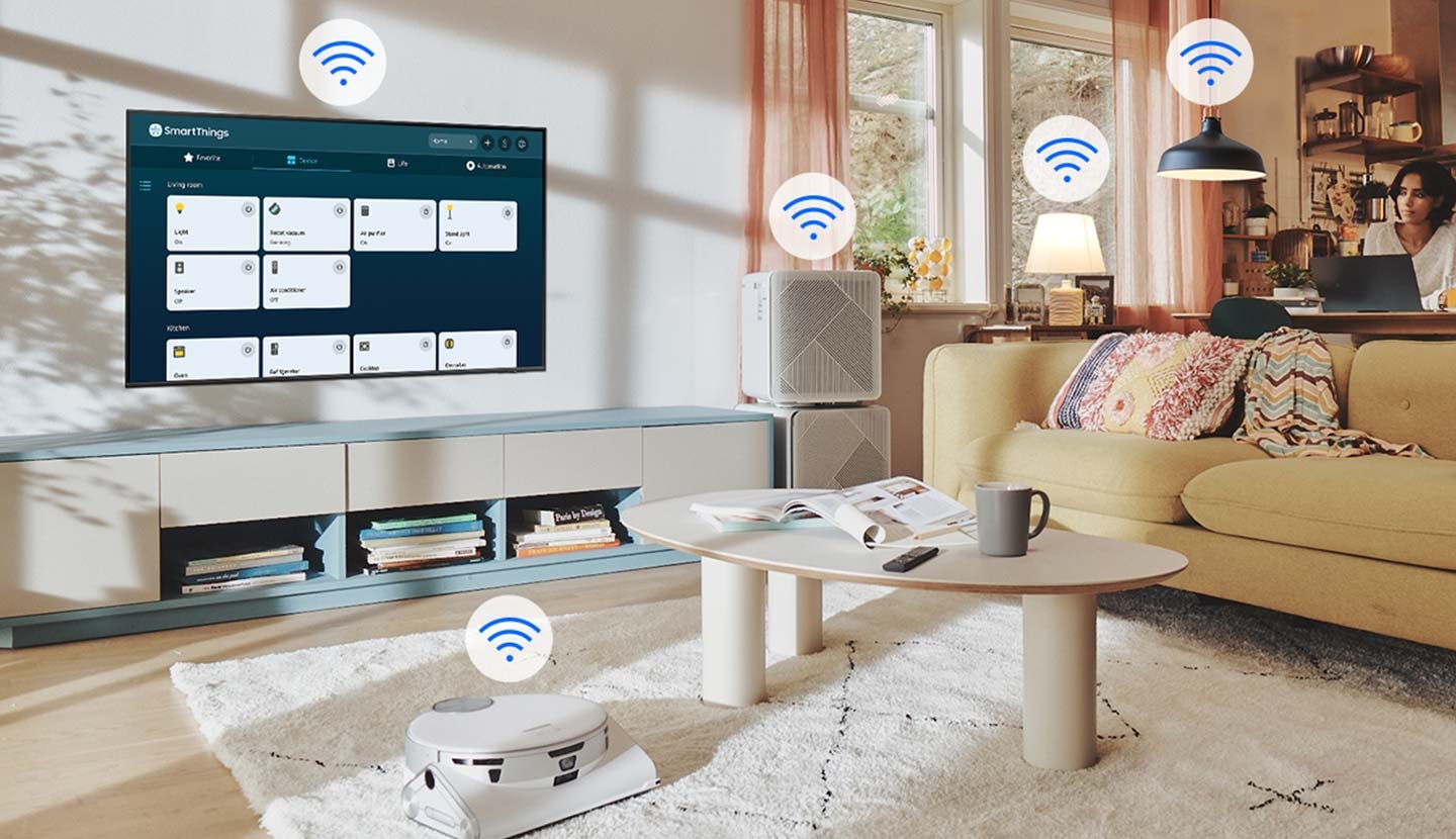 An image illustrating how SmartThings connects and controls all smart devices in a home, creating an efficient and automated living space.