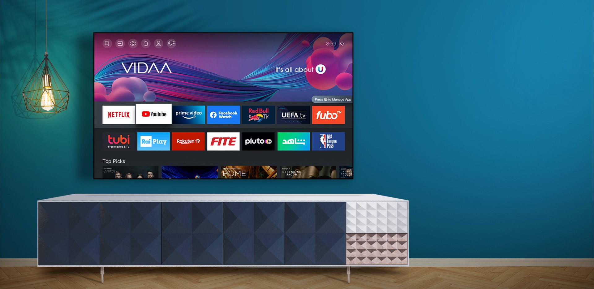 An image showcasing the VIDAA smart system of the Hisense A6H Series Smart TV.