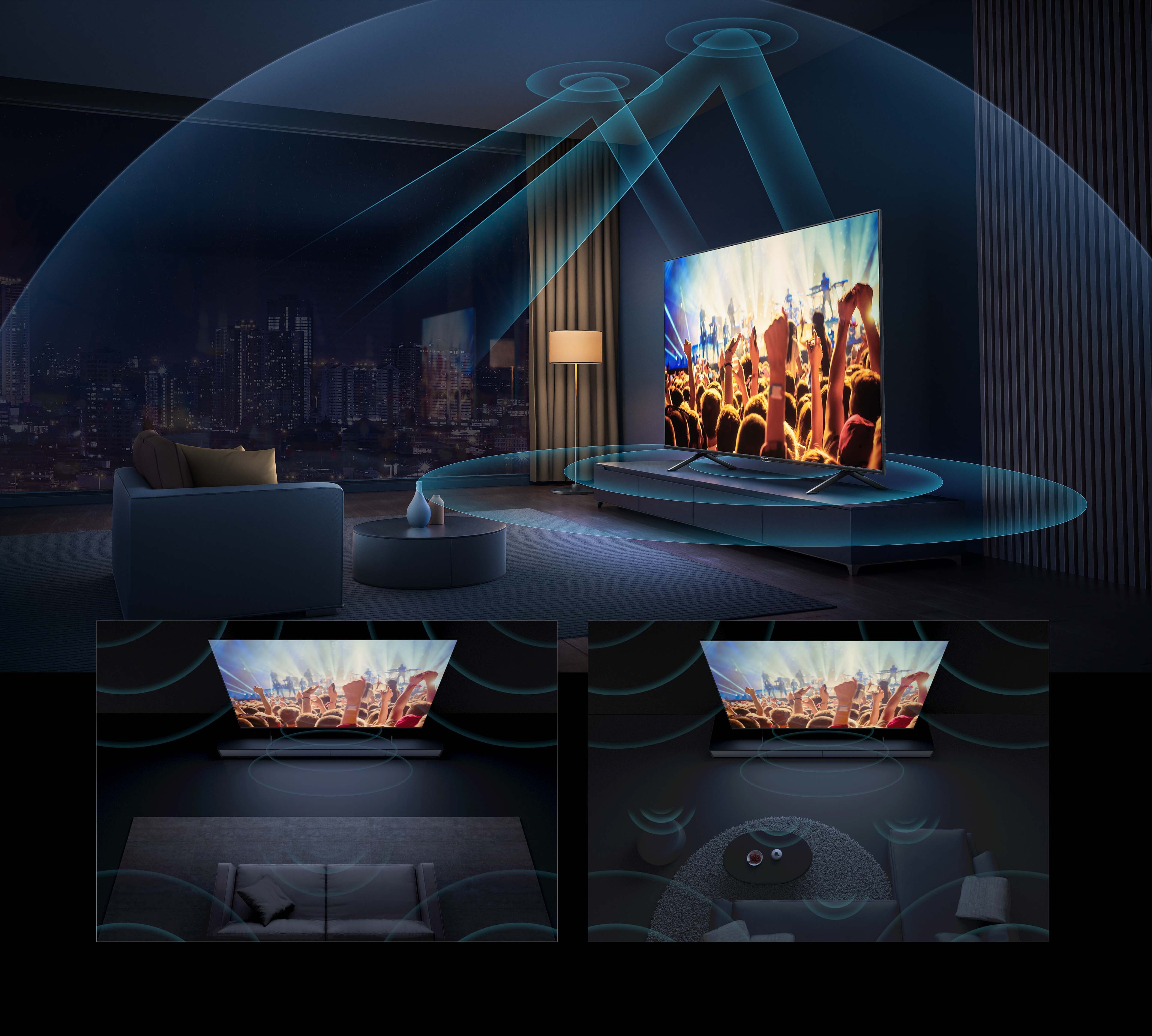 an image conveying the immersive audio experience of the Hisense A7H TV with Dolby Atmos.