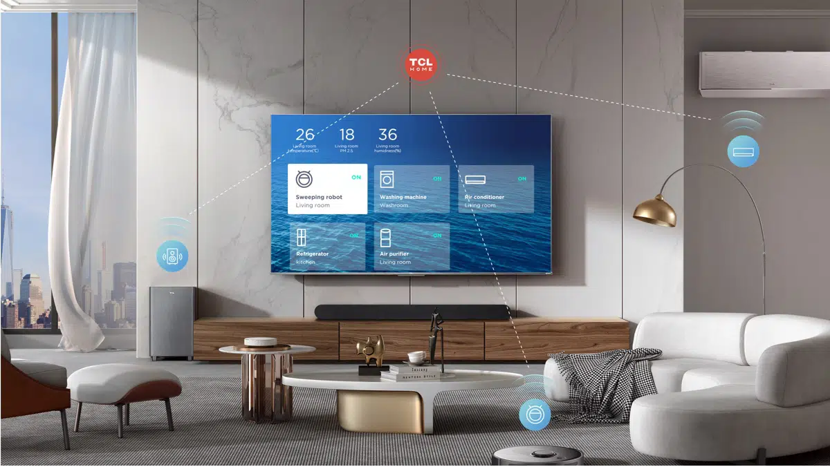 An image depicting a person using a smartphone to control various smart home devices connected to the TCL TV, emphasizing the convenience and integration of the TCL Home feature.