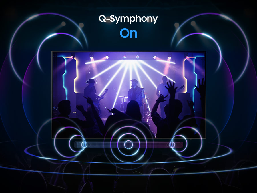 An image illustrating how the TV and soundbar unite seamlessly with Q-Symphony, delivering an immersive soundstage.