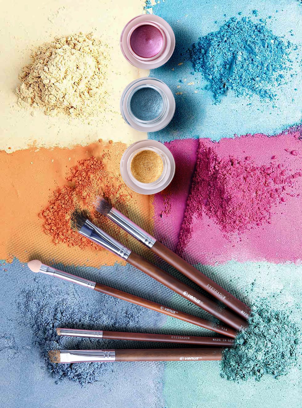 Pastel powder makeup selection and brushes.