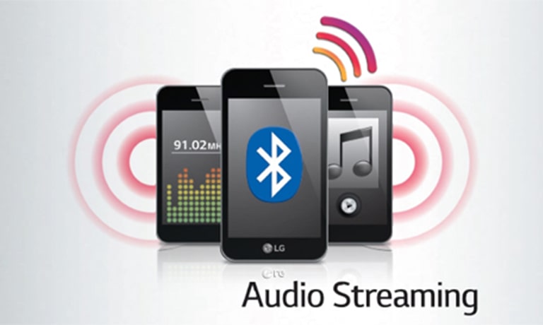 an image that illustrates the Bluetooth music streaming feature showing a person holding a smartphone and wirelessly streaming music to the LG LHD657 system.