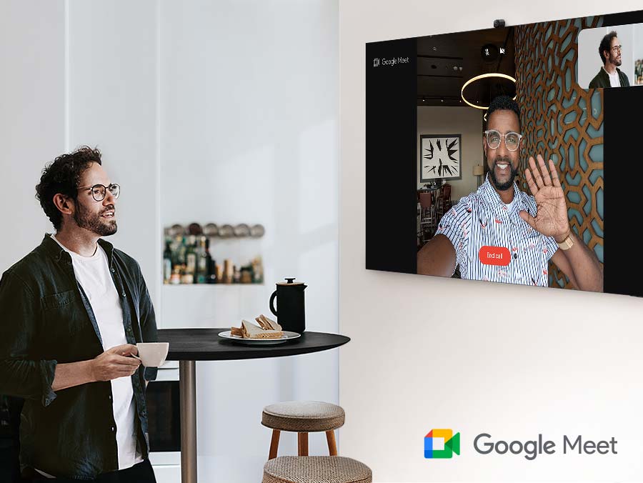 An image featuring a video call on the expansive TV screen with Google Meet, emphasizing the immersive communication experience.