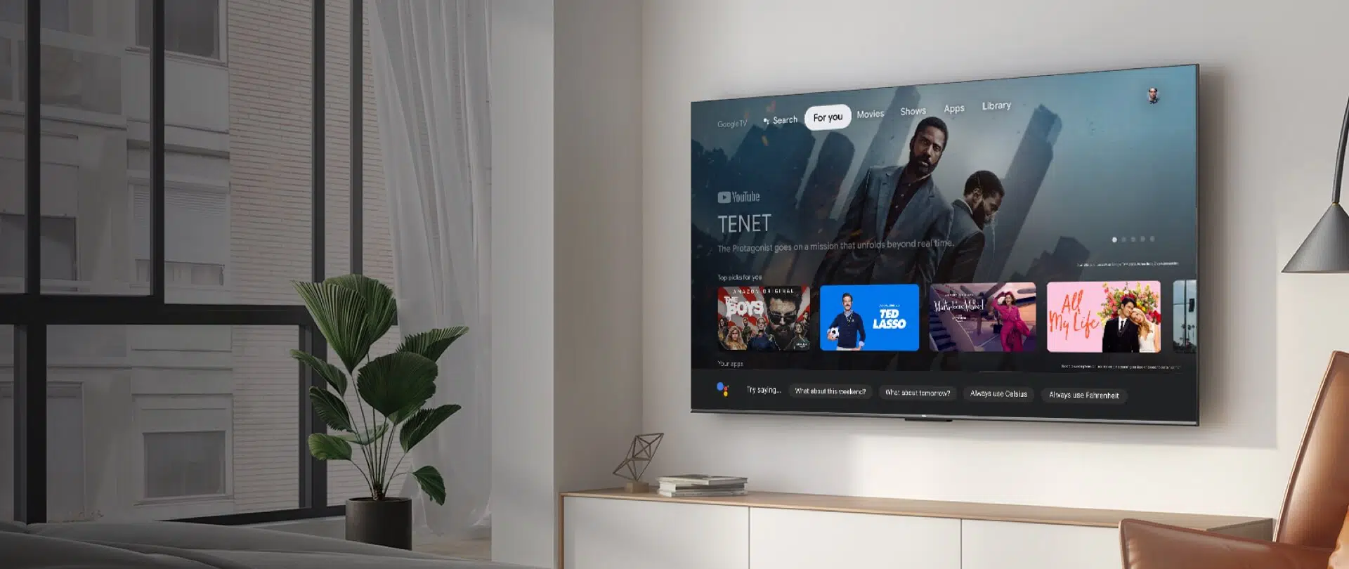 An image showcasing the 0k Google integration on the TCL C835 TV.