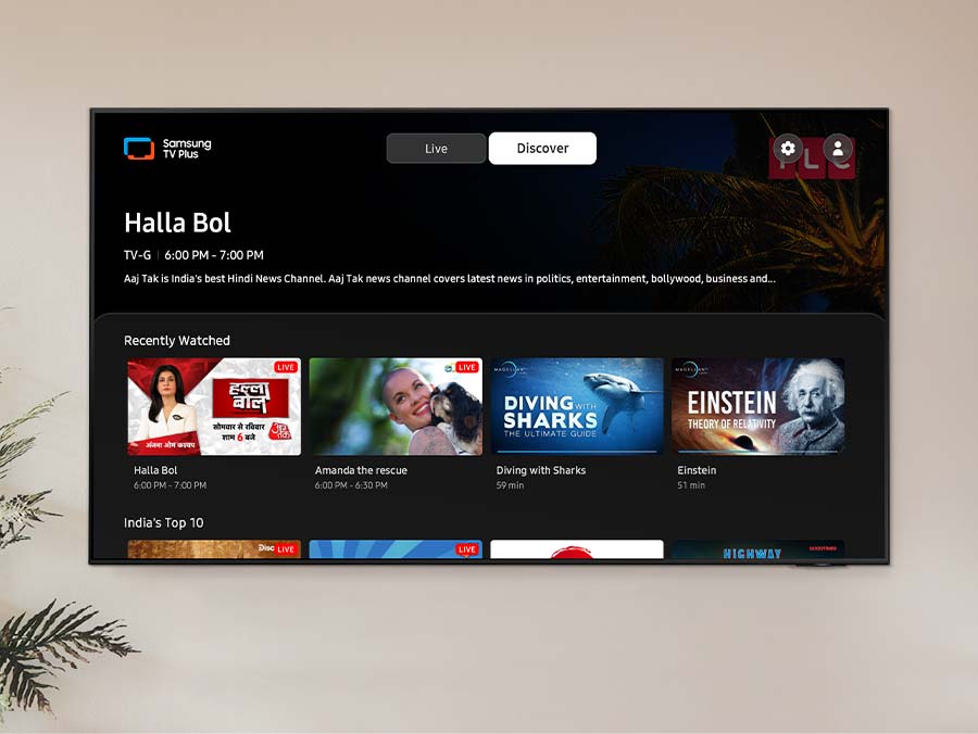 An image showcasing the Samsung TV Plus experience with a diverse range of channels and on-demand content.