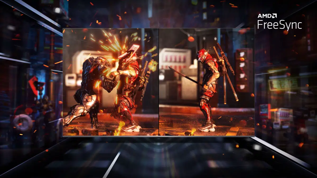 An image illustrating a game scene with and without AMD FreeSync, demonstrating the elimination of screen tearing and ensuring smooth and enjoyable gameplay.
