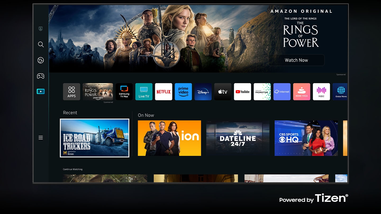 An image depicting the Smart Hub interface with various content options, such as movies, games, and shows, to showcase the convenience of streaming.