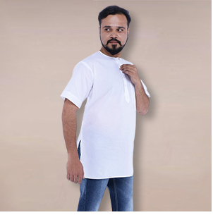 Branded Mafatlal Fabric White Half Sleeve Cotton Short Kurta Sadra for Men with Pocket