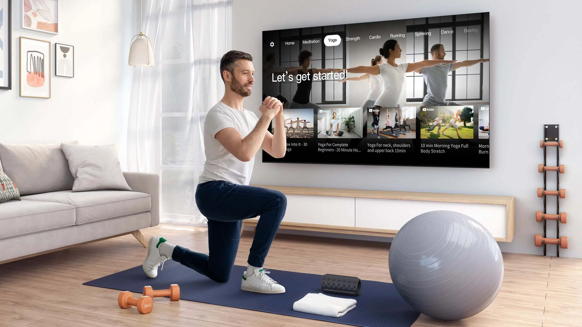 An image featuring a person exercising in front of the TV, with fitness-related content displayed, representing the AR Fitness feature and promoting fitness training at home.