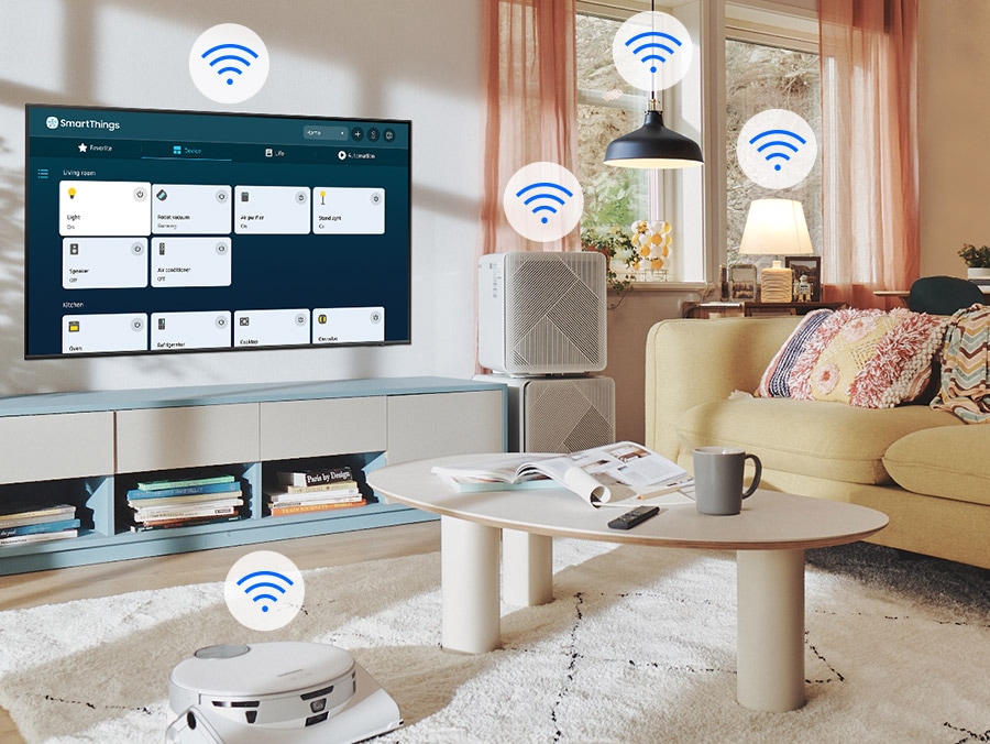 A collage of various smart home devices (e.g., smart lights, thermostat, security camera) being controlled through the SmartThings app on a smartphone.