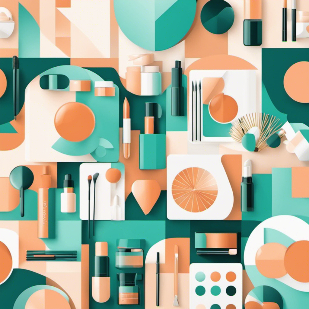 Warm pastel green and peach art showing a wide variety of cosmetics and skincare products.